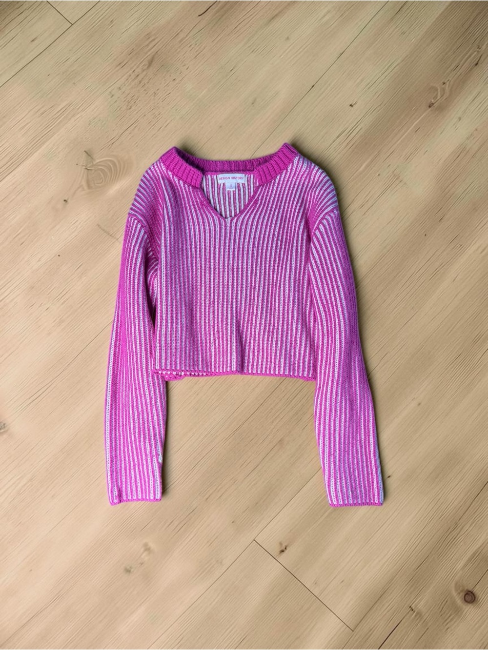Pink Striped Cropped V-Neck Sweater
